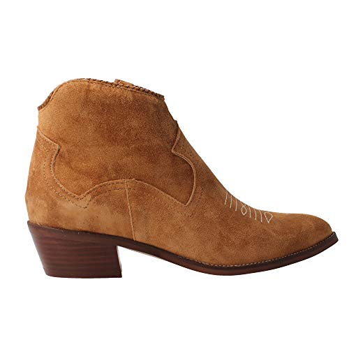 ALPE 4578 - Botin Tejano DE Ante Cuero con Dibujo PESPUNTEADO para Mujer Color: Cuero Talla: 39