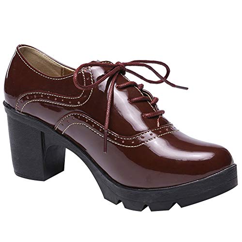 amropi Mujer Alto Tacon Ancho Plataforma de Cordones Oxford Vestido Zapatos(Borgoña,40.5 EU)