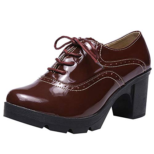 amropi Mujer Alto Tacon Ancho Plataforma de Cordones Oxford Vestido Zapatos(Borgoña,40.5 EU)