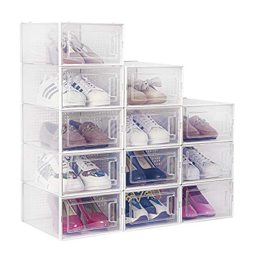 amzdeal Cajas de Zapatos Plásticas 12 Pcs - Organizador de Zapatos Transparente, Apilable y Impermeable, Caja de Almacenamiento Plegable, Ahorra Espacio, Zapateros para Hombres y Mujeres 33×23×14cm