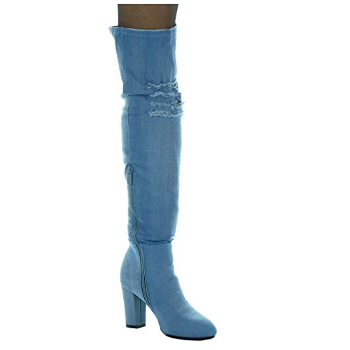 Angkorly - Zapatillas de Moda Botas Altas Cavalier Jeans Denim Flexible Mujer Rasgado Talón Tacón Ancho Alto 8.5 CM - Azul H199 T 36