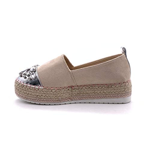 Angkorly - Zapatillas Moda Alpargata Slip-on Plataforma Mujer Joyas con Paja Plataforma 4 CM - Beige 4 BL263 T 41