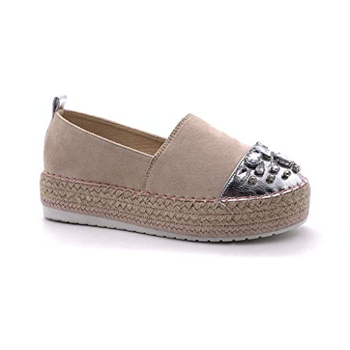 Angkorly - Zapatillas Moda Alpargata Slip-on Plataforma Mujer Joyas con Paja Plataforma 4 CM - Beige 4 BL263 T 41