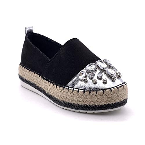 Angkorly - Zapatillas Moda Alpargata Slip-on Plataforma Mujer Joyas con Paja Plataforma 4 CM - Negro 4 BL263 T 38