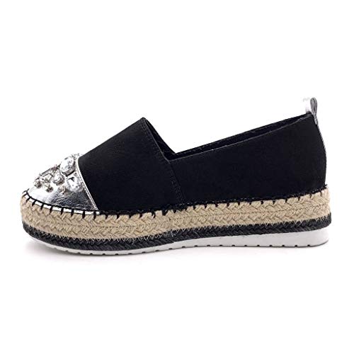 Angkorly - Zapatillas Moda Alpargata Slip-on Plataforma Mujer Joyas con Paja Plataforma 4 CM - Negro 4 BL263 T 39