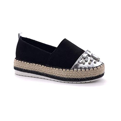 Angkorly - Zapatillas Moda Alpargata Slip-on Plataforma Mujer Joyas con Paja Plataforma 4 CM - Negro 4 BL263 T 39