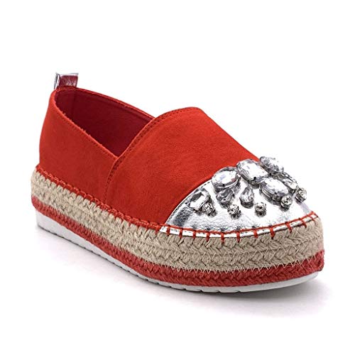 Angkorly - Zapatillas Moda Alpargata Slip-on Plataforma Mujer Joyas con Paja Plataforma 4 CM - Rojo 4 BL263 T 37