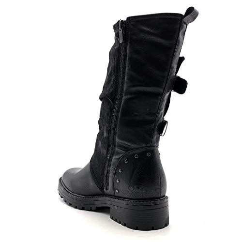 Angkorly - Zapatillas Moda Botas Biker - Moto Biker Rock Mujer Solapa Tachonado Bloque 4 CM - Negro 2 F3006-1 T 37