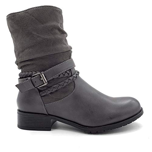 Angkorly - Zapatillas Moda Botines Botas Biker Motociclistas Bimaterial Flexible Mujer Hebilla Tanga Trenzado Tacón Ancho 3.5 CM - Gris C273 T 38