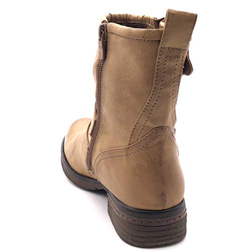 Angkorly - Zapatillas Moda Botines Botas Biker Motociclistas Mujer Hebilla Tanga Tacón Ancho 3 CM Ligeramente Forrada de Piel - Camel 2 C381 T 36