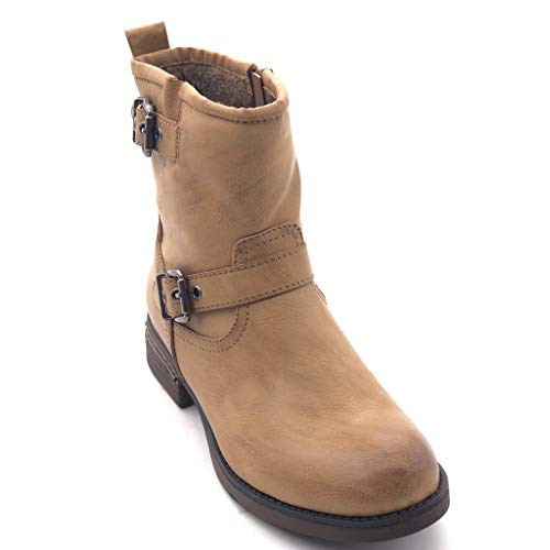 Angkorly - Zapatillas Moda Botines Botas Biker Motociclistas Mujer Hebilla Tanga Tacón Ancho 3 CM Ligeramente Forrada de Piel - Camel 2 C381 T 36