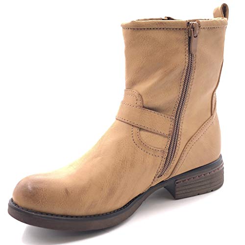 Angkorly - Zapatillas Moda Botines Botas Biker Motociclistas Mujer Hebilla Tanga Tacón Ancho 3 CM Ligeramente Forrada de Piel - Camel 2 C381 T 36