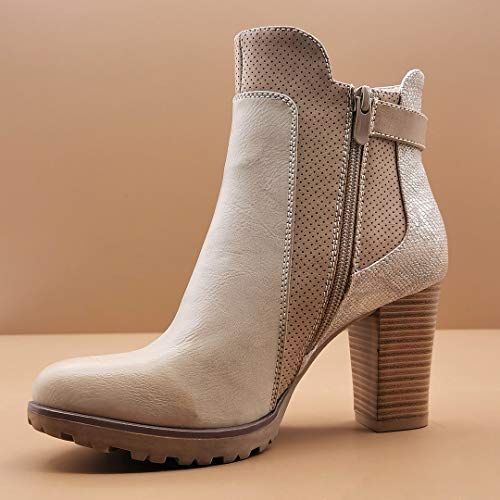 Angkorly - Zapatillas Moda Botines Botas Chelsea Boots Biker - Moto Glam Rock Mujer Efecto Piel de Serpiente pitón Hebilla Tacón Ancho Alto 8 CM - Beige F3127 T 36