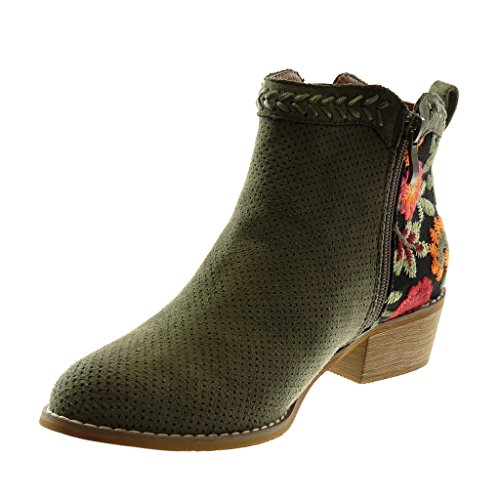 Angkorly - Zapatillas Moda Botines Botas Mocasines Chelsea Boots Mujer Flores Perforado Bordado Tacón Ancho Alto 4 CM - Verde 121-W37 T 36