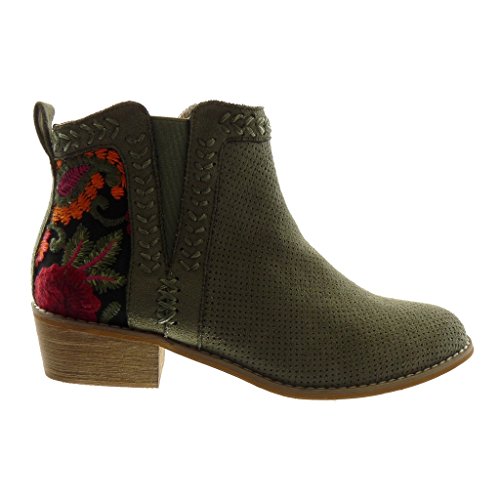 Angkorly - Zapatillas Moda Botines Botas Mocasines Chelsea Boots Mujer Flores Perforado Bordado Tacón Ancho Alto 4 CM - Verde 121-W37 T 36