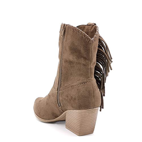 Angkorly - Zapatillas Moda Botines Botas santiags Cowboy Vaquero Botas Mocasines Cowboy Mujer Fleco Cremallera Tacón de Vaquero 8 CM - Khaki MR-8 T 39