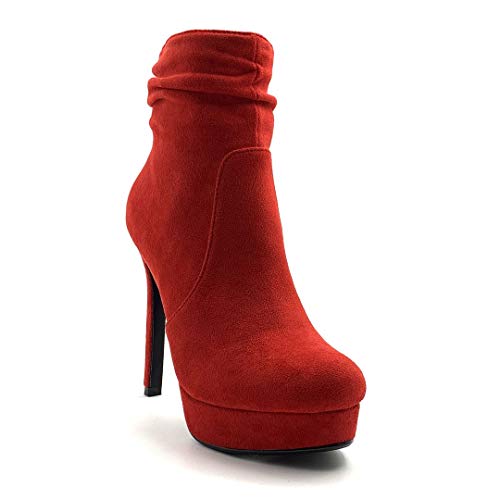 Angkorly - Zapatillas Moda Botines Botas Sexy Stiletto Biker - Moto Mujer Simple básica Tacón de Aguja Alto 12.5 CM - Rojo LL908-2 T 39