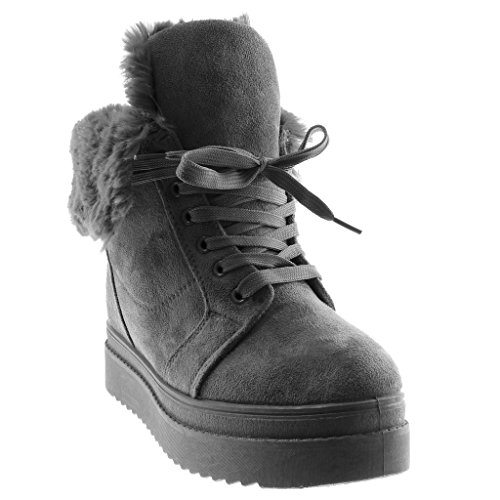 Angkorly - Zapatillas Moda Botines Plataforma Botas Militares Botas de Nieve Mujer Piel tacón Plano 4.5 CM - Gris 151-80 T 39