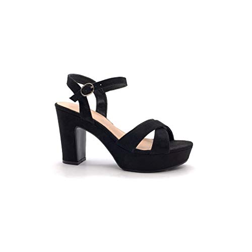 Angkorly - Zapatillas Moda Sandalias Alpargata Correa de Tobillo comode Matrimonio Ceremonia Mujer Correas Cruzadas básica  Tacón Ancho Alto 10 CM - Negro 3 88-290 T 39