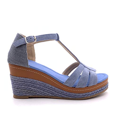 Angkorly - Zapatillas Moda Sandalias Alpargata Correa-T Abierto Correa de Tobillo Mujer Correas Trenzado Plataforma 8 CM - Azul FL32 T 41