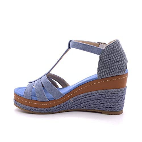 Angkorly - Zapatillas Moda Sandalias Alpargata Correa-T Abierto Correa de Tobillo Mujer Correas Trenzado Plataforma 8 CM - Azul FL32 T 41