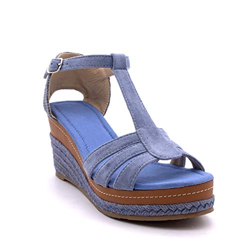 Angkorly - Zapatillas Moda Sandalias Alpargata Correa-T Abierto Correa de Tobillo Mujer Correas Trenzado Plataforma 8 CM - Azul FL32 T 41