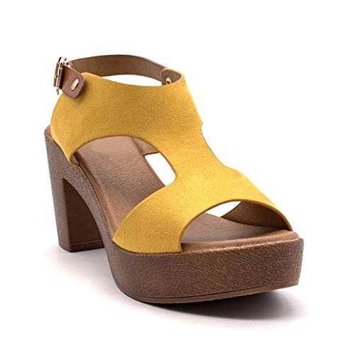 Angkorly - Zapatillas Moda Sandalias Mules Tacones Altos Vendimia/Retro Plataforma Mujer Efecto Madera Tacón Ancho Alto 8 CM - Amarillez YL127 T 36