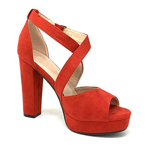 Angkorly - Zapatillas Moda Sandalias Tacón escarpín Tacones Altos Plataforma Matrimonio Ceremonia Mujer Correas Cruzadas básica  Tacón Ancho Alto 11.5 CM - Rojo B-88 T 37