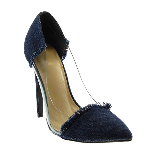 Angkorly - Zapatillas Moda Tacón escarpín Slip-on Decollete Jeans Denim Mujer deshilachada Transparente Tacón de Aguja Alto 11 CM - Azul Oscuro G89-5 T 38