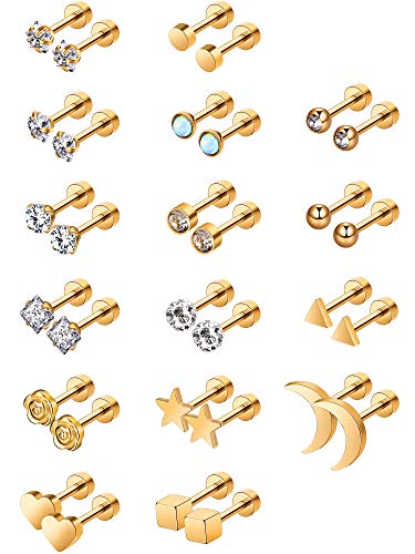 Aretes de Acero Inoxidable Pendientes de Botón de Barra con Pesas de Tragus Cartílago Piercings de Tornillo de Oreja CZ de Incrustado de Diamante de Imitación, 16Pares (Oro)