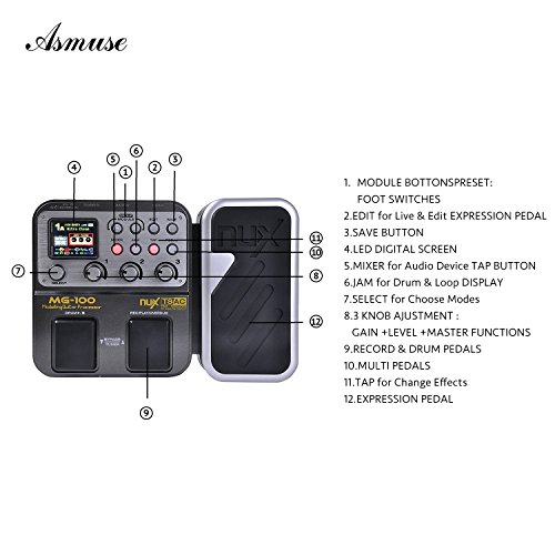 Asmuse Multi Efecto Pedal Guitarra Eléctrica MG100 Procesador de Pedalera Multiefectos Guitarra para Bajo Principiante Looper EQ Mezclador Instrumento con Adaptador de Energía (Enchufe de la UE)