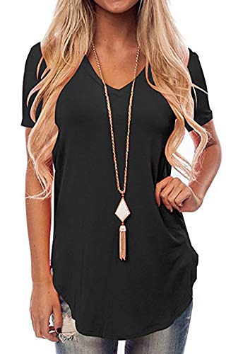 Aswinfon Camiseta de Mujer Talla Grande Verano Suelto Cuello en V Manga Corta Casual Túnica fluida Camiseta Top Top (Negro, L)