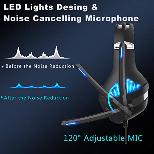 Auriculares para juegos PS4 con luz LED estéreo para juegos con orejeras de memoria suave y micrófono con cancelación de ruido para videojuegos, juegos de PC (azul)