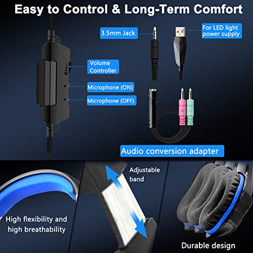 Auriculares para juegos PS4 con luz LED estéreo para juegos con orejeras de memoria suave y micrófono con cancelación de ruido para videojuegos, juegos de PC (azul)