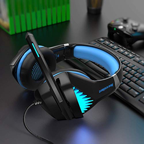 Auriculares para juegos PS4 con luz LED estéreo para juegos con orejeras de memoria suave y micrófono con cancelación de ruido para videojuegos, juegos de PC (azul)