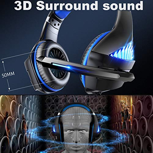 Auriculares para juegos PS4 con luz LED estéreo para juegos con orejeras de memoria suave y micrófono con cancelación de ruido para videojuegos, juegos de PC (azul)