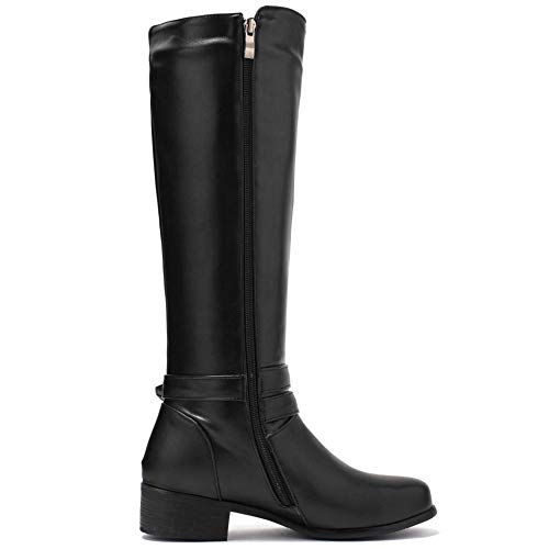 BeiaMina Mujer Casual Invierno Zapatos Plano Botas Rodilla Cremallera Equestrian Botas Tacones Bajos Antideslizante Botas Largas Clásico Hebillas Black Tamaño 39