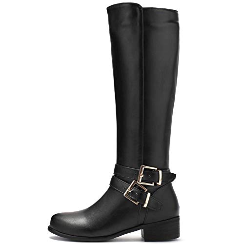 BeiaMina Mujer Casual Invierno Zapatos Plano Botas Rodilla Cremallera Equestrian Botas Tacones Bajos Antideslizante Botas Largas Clásico Hebillas Black Tamaño 43