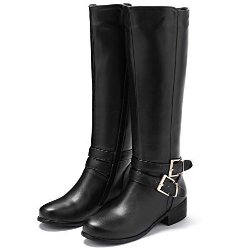 BeiaMina Mujer Casual Invierno Zapatos Plano Botas Rodilla Cremallera Equestrian Botas Tacones Bajos Antideslizante Botas Largas Clásico Hebillas Black Tamaño 43