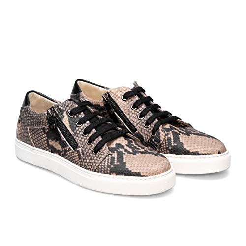 Beth - Zapatillas Sneakers Deportivos de Vestir para Mujer en Piel - Planos Suela Gorda - Cierre Cremallera y Cordoneras - Moda Tendencia Sport Casual - Serpiente Animal Print Negras - Negro 36 EU