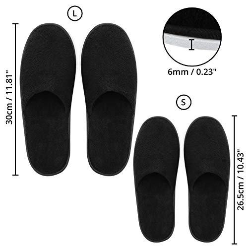 Bizarre.ly Zapatillas SPA Negras Suaves con Bolsas de Cordel (12 Pares) Pantuflas Invitados Punta Cerrada Lavable Reutilizable - Dos Tallas (S, L) Hombres y Mujeres – Baño, Viaje, Hogar, Bodas