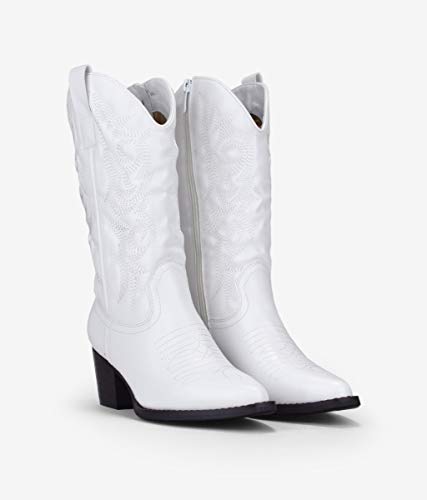 BOSANOVA Bota Cowboy Blanca con Detalle de Cosido Decorativo en la caña, tacón de 5'5 cm y Cierre con Cremallera. Blanco 38