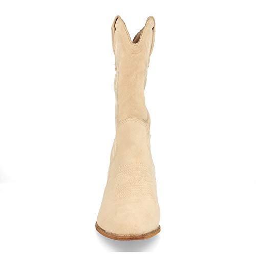 Bota de Mujer con Tacon Campero, Cosido en Empeine y Cana, Cierre de Cremallera Primavera Verano 2020. Talla 37 Beige