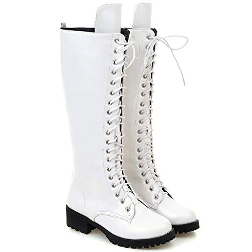 Botas Altas Mujer Plataforma Zapatos con Cordones con Piel Botas Militares Botas Punk Moto Calzado Casuales Clásicos Otoño Invierno (Blanco,38)