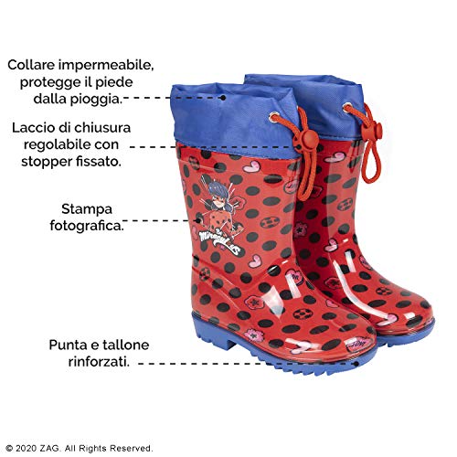 Botas de Agua Rojos Lady Bug Niña - Botines Impermeables Miraculous Fantasía de Lunares - Suela Antideslizante y Cierre con Cordón - Detalles Azul - PVC - Perletti (Rojo, 30/31 EU)