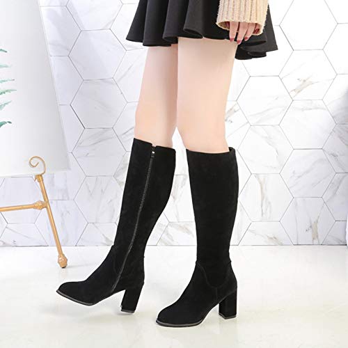 Botas de Invierno para Mujer Botas Altas hasta la Rodilla con tacón Medio de Bloque Botas largas de Pierna Ancha de Cuero para Mujer