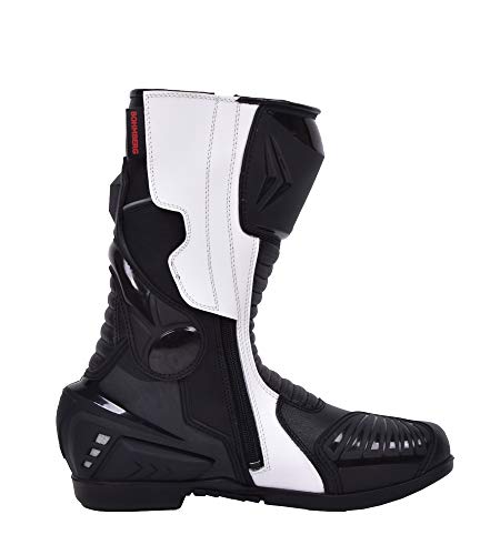 Botas de moto Hombre, botas de cuero deportivas, impermeables, de cuero, protectores rígidos integrados estables, con protección de tobillo, negro blanco - 44