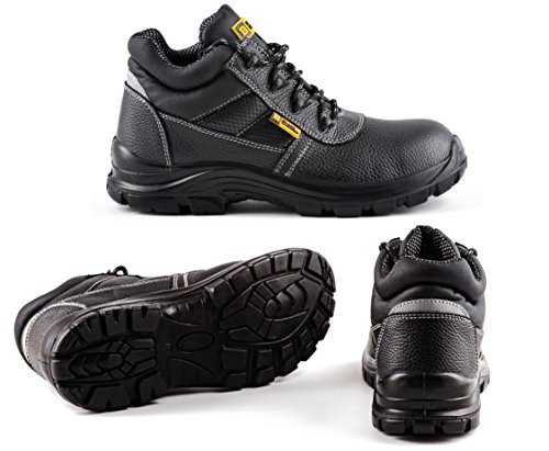 Botas de Seguridad de Cuero para Hombres Puntera de Acero Protección de Entresuela Resistente al Agua Impermeable S3 SRC Calzado de Trabajo al Tobillo de Cuero 1007 Black Hammer (45 EU)