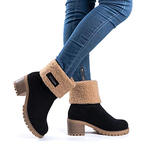 Botas Mujer Invierno Forradas Cálidas Botines Serraje Tacón Ancho Medio 6CM Plataforma Zapatos Nieve Cómodos Casual Negro EU 38