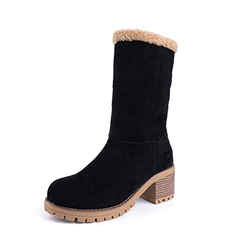 Botas Mujer Invierno Forradas Cálidas Botines Serraje Tacón Ancho Medio 6CM Plataforma Zapatos Nieve Cómodos Casual Negro EU 38